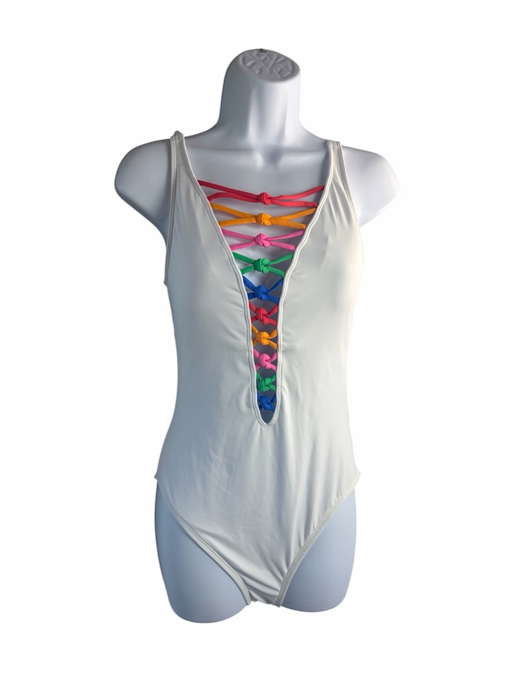 Bleu Rod Beattie Size 6 White One-Piece Swimsuit with Rainbow Lace-Up Front NWT